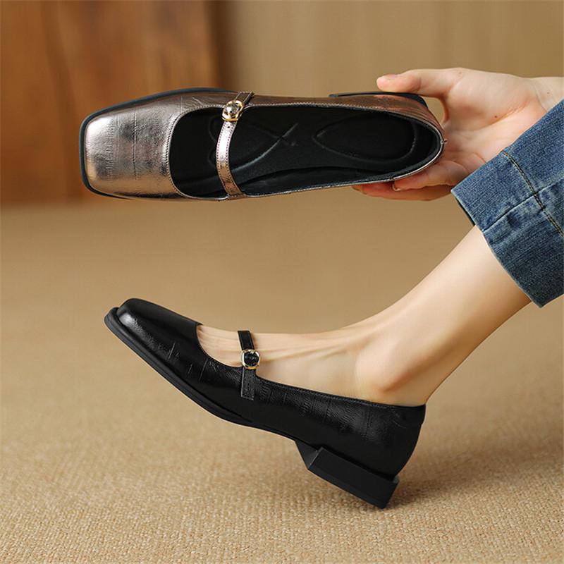 Fashion New Genuine Leather Mary Jane Shoes for Women LEISURE Women Pumps Square Toe Low Heel Shoes Woman Zapatos De Mujer Ladies Shoes