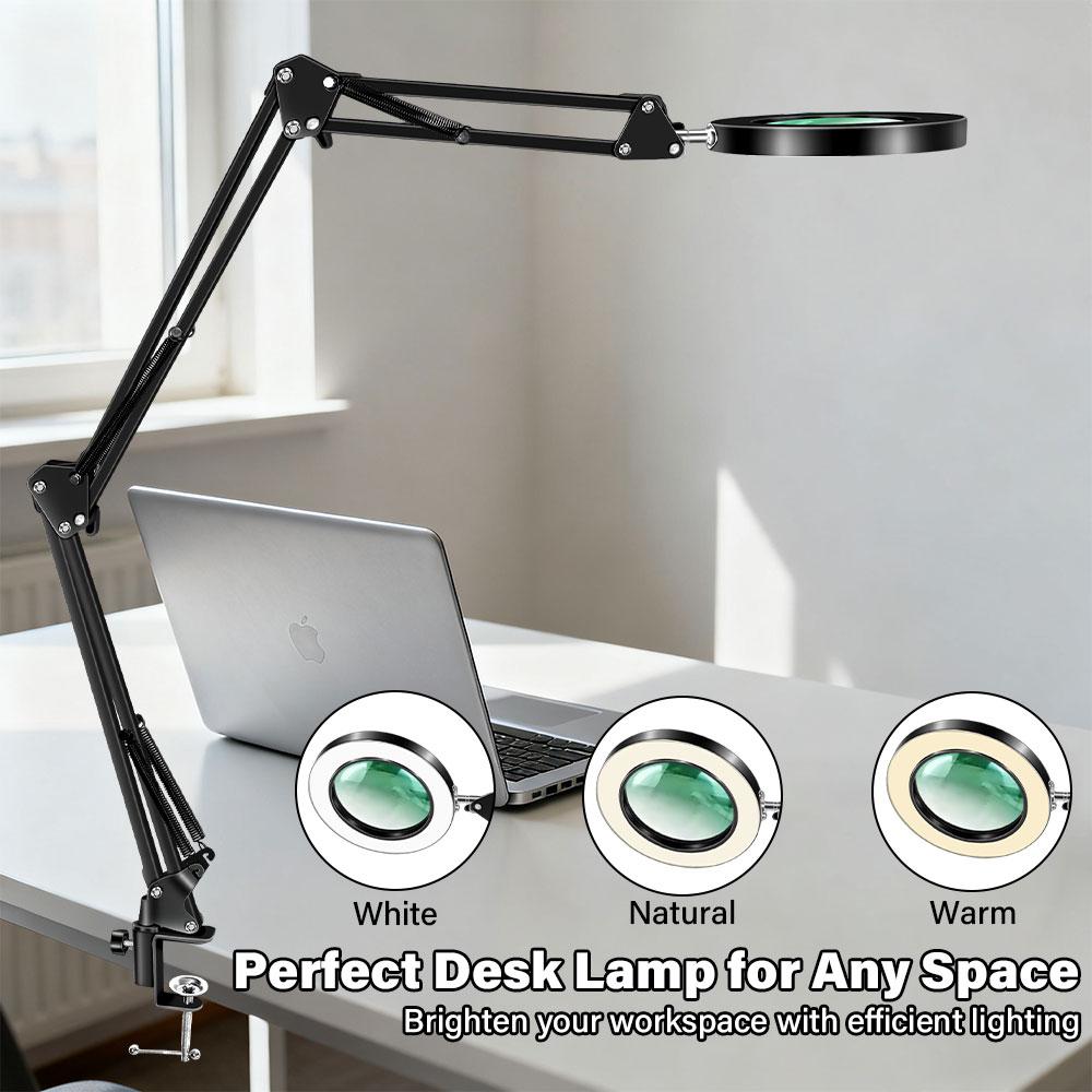 Three stage folding Magnifying Glass with Light and Clamp 3 Color Modes Stepless Dimmable Flexible Swing Arm 72 LED Desk Lamp
