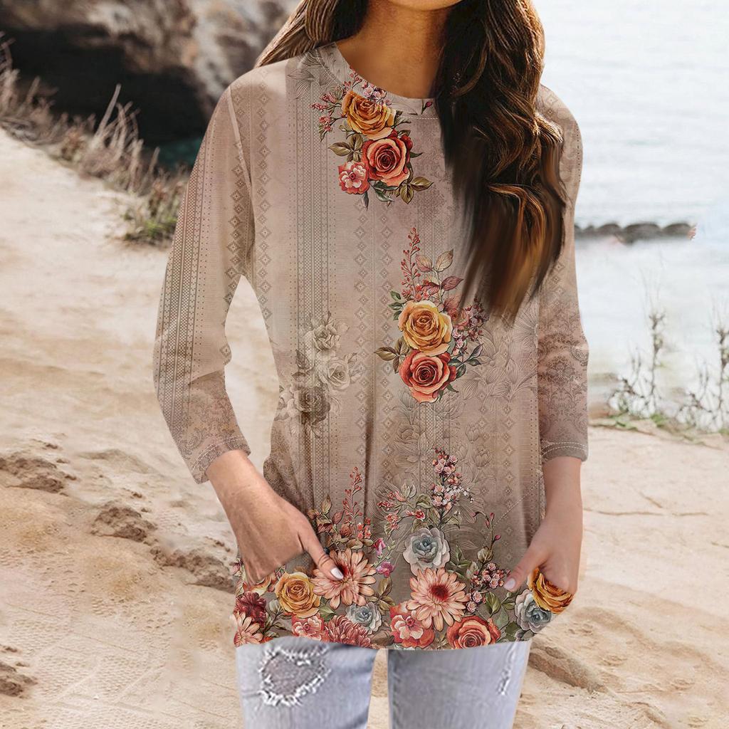 Женская модная повседневная футболка с карманом и круглым вырезом с рукавами 3/4 и топом