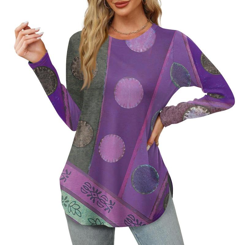 Womens Long Sleeve Round Neck Shirts Side Split Basic Loose Tunic Tops Floral Print Casual Shirts T-Shirts Women’s