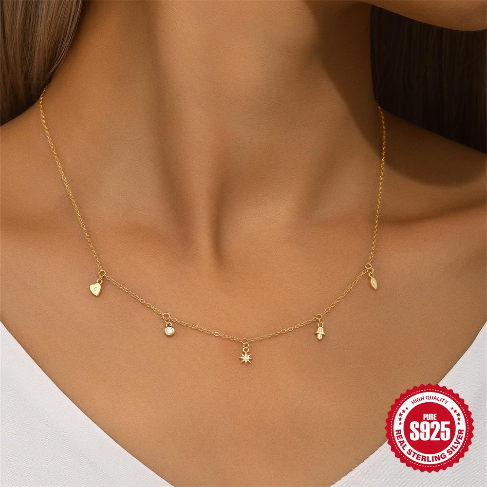 S925 Sterling Silver Geometric Octagonal Star/Devil'S Eye/Stacked Diamond Daily Match Ladies Clavicle Necklace