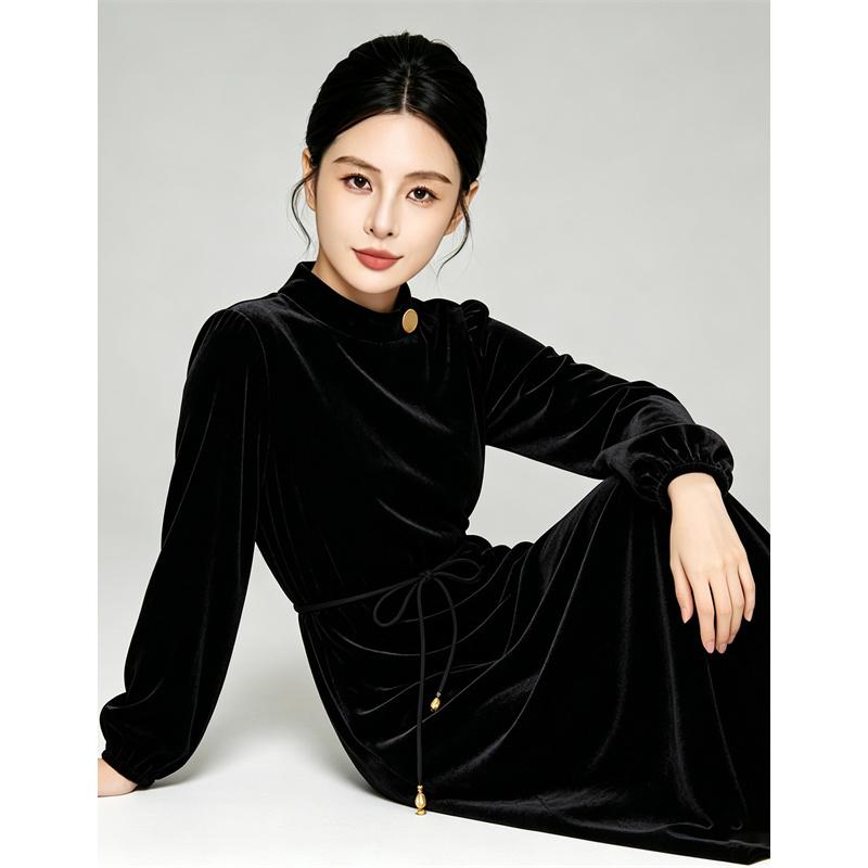 Standing collar velvet waist cinched long dress