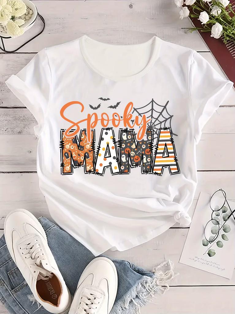 Spooky Mama Halloween Graphic Unisexs Casual Crew Neck Short Sleeve Spider Web Bat Design Perfect For Spring Casual Wear