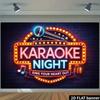 2D retro karaoke night flag background  neon effect microphone and scattered star recording pattern