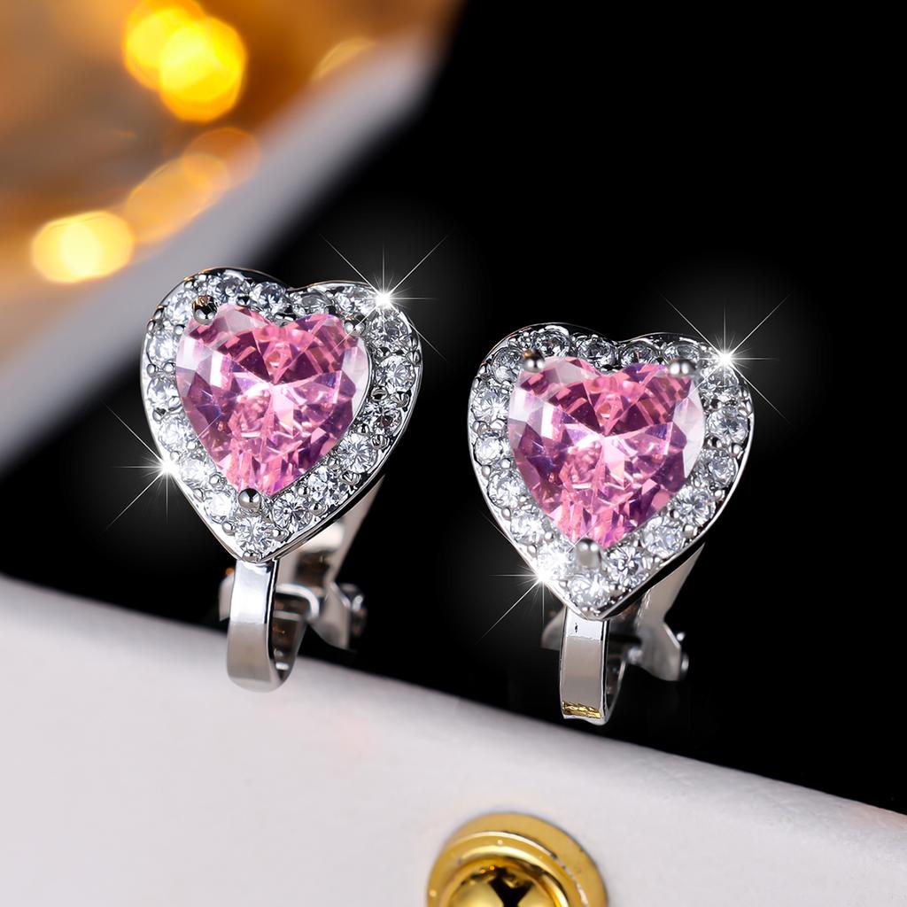 1 Pair Silvery Color Heart Cut Pink Stone Clip Earrings Ear Clip Wedding Jewelry Gifts