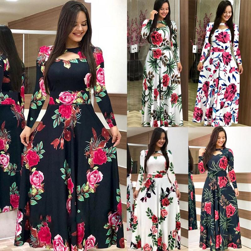 Elegant Spring Autumn Women Dress Casual Bohmia Flower Print Maxi Dresses Hollow Out Dress Plus Size
