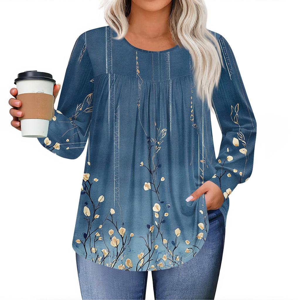 Womens Plus Size Tops Long Sleeve Shirts Round Neck Flowy Tunic Casual Loose Blouse L-5X