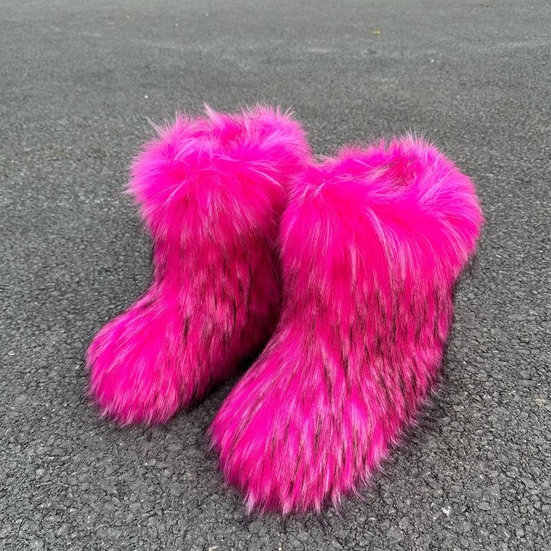 Imitation Raccoon Fur Plush Snow Boots Bag Head Warm Fluffy Fluffy Hot Girl