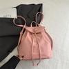 Soft PU Leather Drawstring Flap Backpack, Minimalist Gold Hardware Casual Daily Travel Bucket Backpack For Women