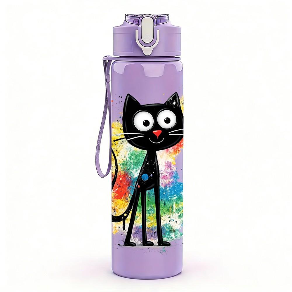 1PC Colorful Graffiti Black Cat Cartoon Print 750ml Color Plastic Sports Water Bottle Leakproof Flip Straw Lid Suitable for Sports Office Home Use