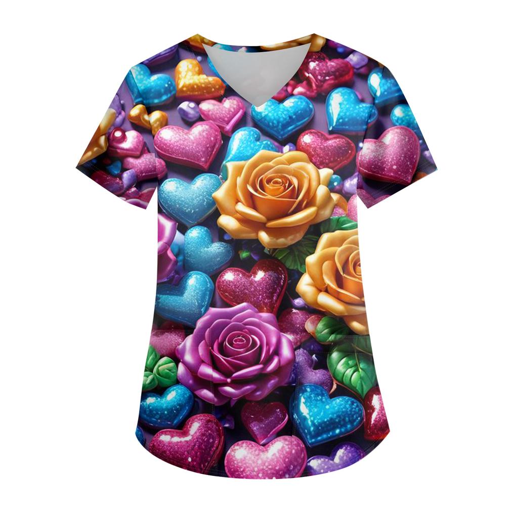 Женская модная футболка с V-образным вырезом, карманом и короткими рукавами с принтом ко Дню святого Валентина, униформа и топ для воспитателя