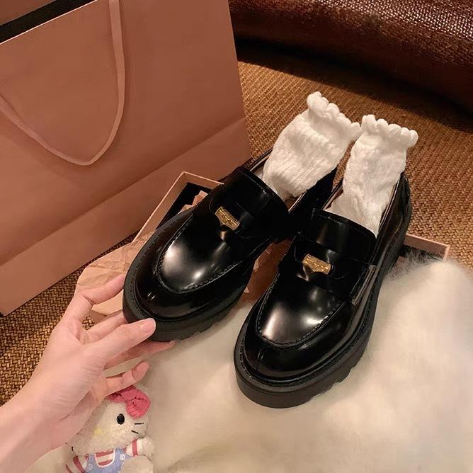 Cowhide Version~ Gold Coin Round Head Small Leather Shoes Women's Thick-soled Thick-heeled Single Shoes Versatile One-pedal Genuine Leather Hig