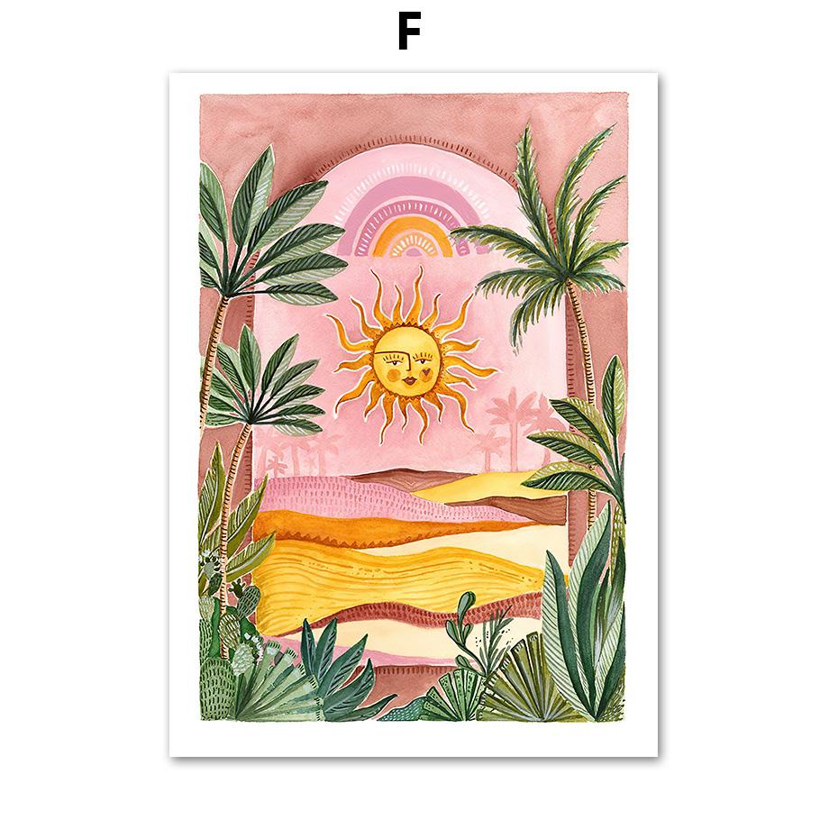 Boho Sun Cactus Banana Tree Женская леопардовая настенная живопись на холсте Плакаты на скандинавскую тему и принты настенные панно для декора гостиной