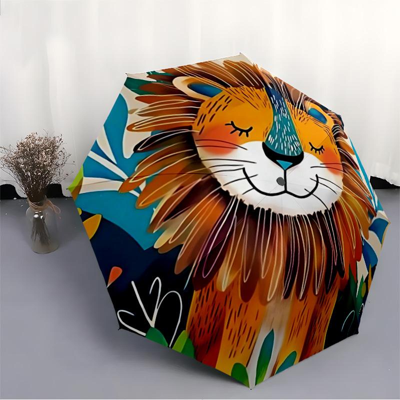 1pc Lion, Jungle Automatic Folding Umbrella - Windproof Compact Travel Umbrella with Auto Open/Close, 8-Rib Heavy-Duty Shaft for Women/Men A057
