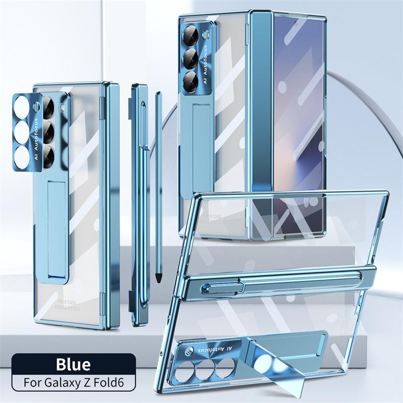 For Samsung Galaxy Z Fold 8 Ultra / 7 6 5 4 3 Plating PC Double Hinge Protect Stand Pen Slot Case with Tempered Glass Stylus Pen