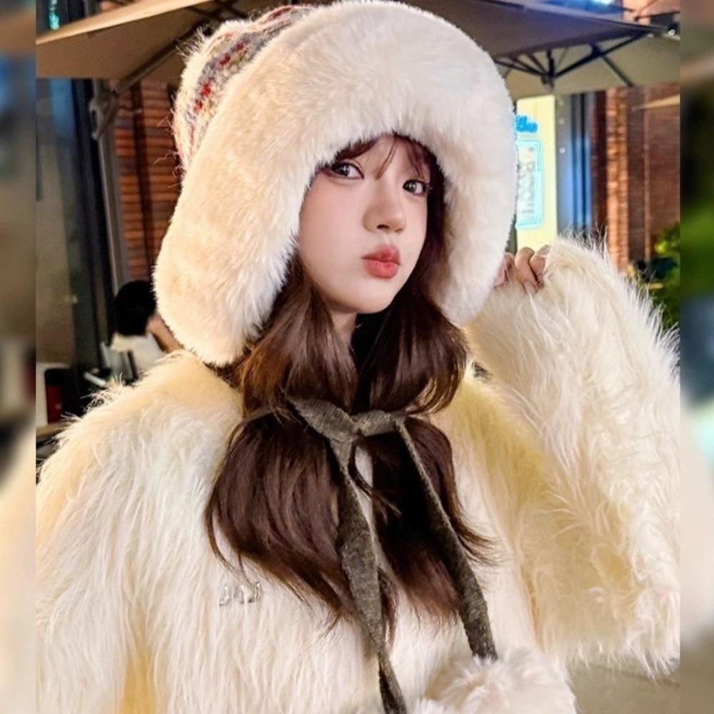 Thick Knitted Plush Hat Windproof Pullover Beanie Hat Fashion Ear Protection Hat Girls