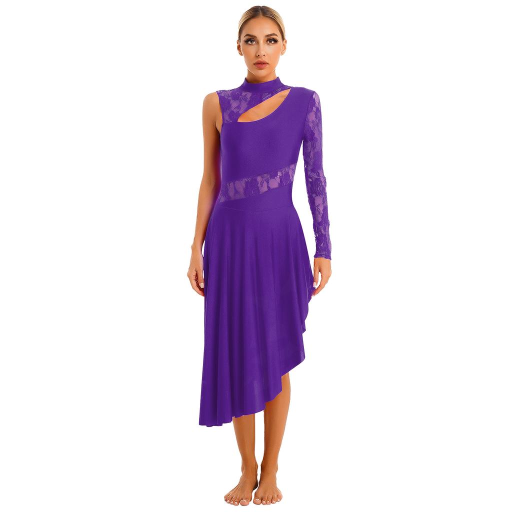 Женское танцевальное платье с длинным рукавом, кружевное лоскутное платье с вырезом на одно плечо, разрез на подоле