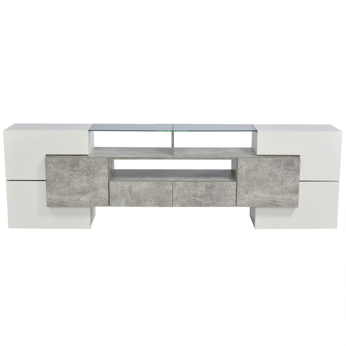 Meuble TV moderne, Blanc et gris laqués, avec éclairage LED, 6 portes, 2 tiroirs, meuble de salon, 200 x 35 x 60 cm