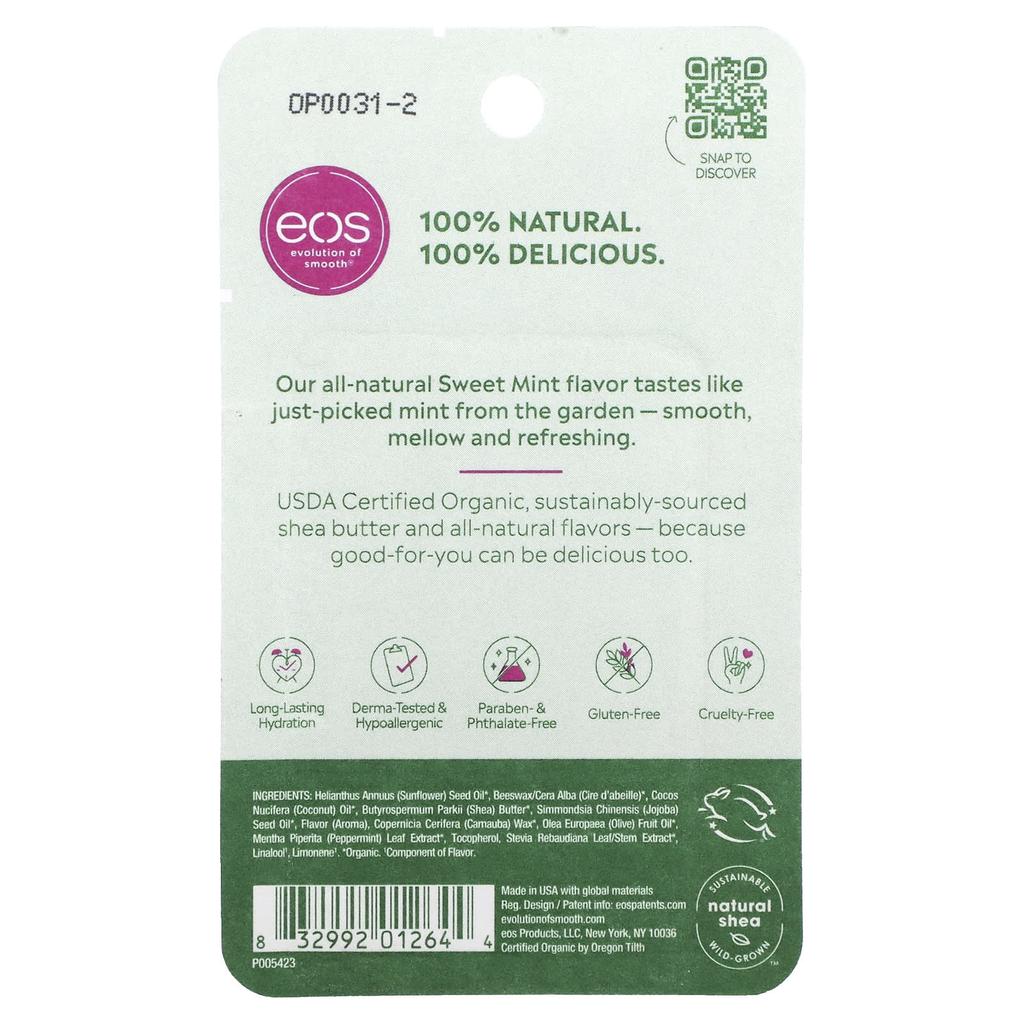 EOS, органический 100% натуральный бальзам для губ с маслом ши, сладкая мята, 2 упаковки, 4 г (0,14 унции) за упаковку