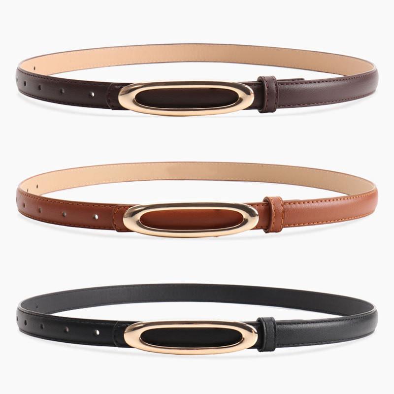 Minimalist Women Leather Belt With Elliptical Flat Buckle For Dress And Jeans