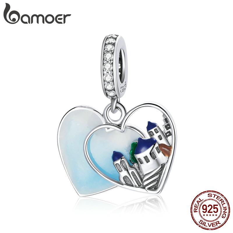 BAMOER 925 Sterling Silver Traveling Series Shine Cubic Zirconia Cute Pink Car & Windmill House Love & Heart Cable Car Charm Beads