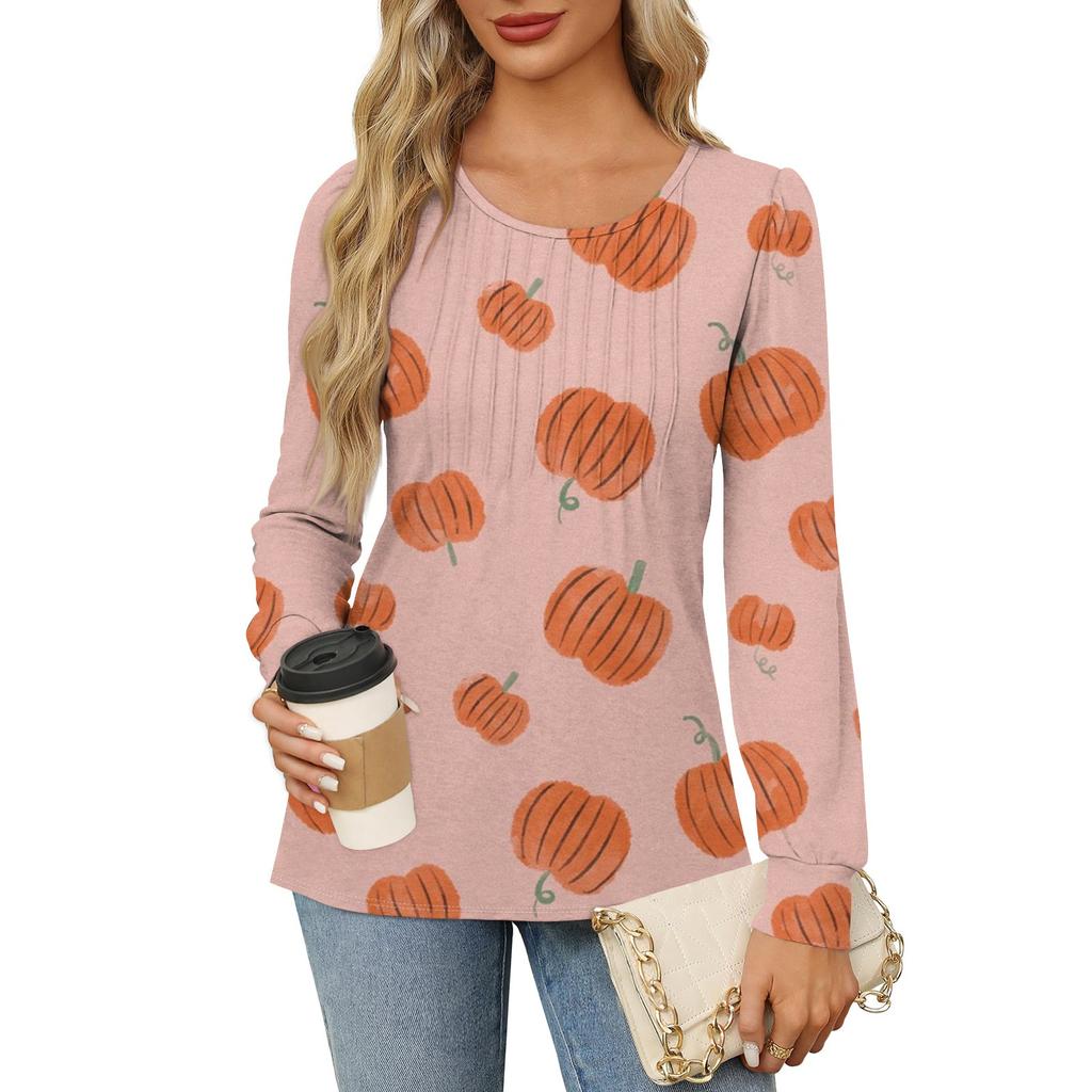 Long Sleeve Shirts For Women Cute Print Graphic Tees Blouses Dressy Casual Blouses Pleated Scooped Neck Tunic Tops Halloween