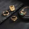 SHIXIN 4Pcs/Set Retro Gold Color Irregular Texture Metal Ring Women Men Exquisite Acrylic Rhinestone Open Wide Ring Jewelry Gift