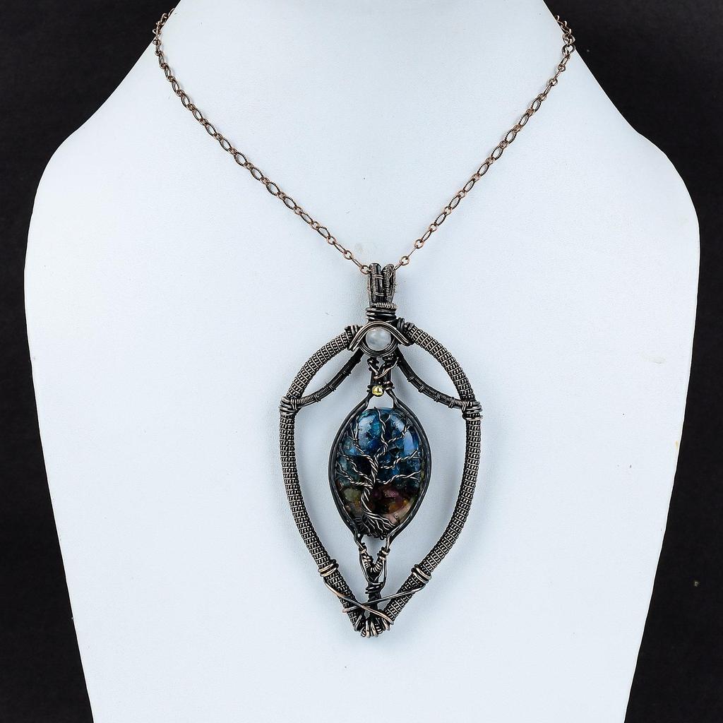 Подвеска «Дерево жизни» с арбузным турмалином, медная проволока, подвеска с лунным камнем, подвеска из драгоценного камня, ручная работа, медная проволока, подарок для него