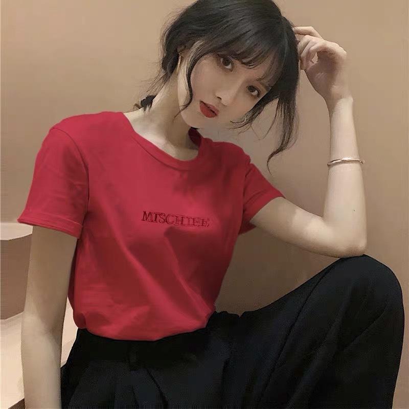 Футболка с короткими рукавами и вышитыми буквами для женщин, летняя корейская женская декоративная женская одежда с круглым вырезом для студентов, женский топ