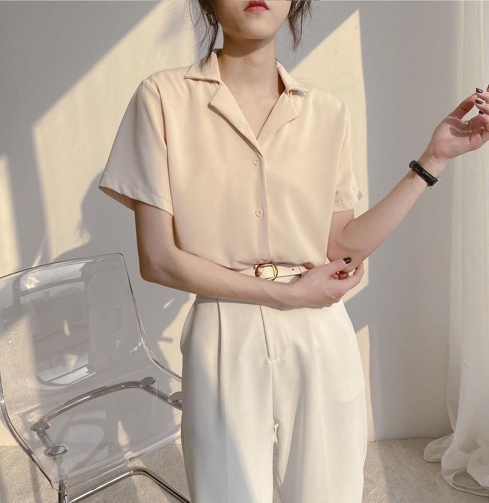 2023 Женская рубашка в стиле ретро в корейском стиле колледжа с короткими рукавами и воротником
