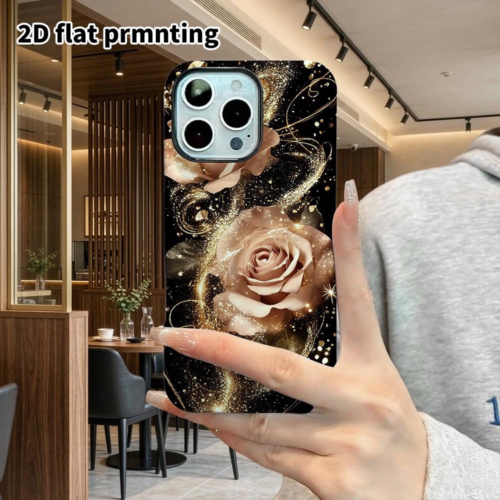 Phone Case: 2D flat design suitable for iPhone 18 17 16 15 14 13 Pro film protective case, couple style, black gold rose, Christmas and Halloween gift