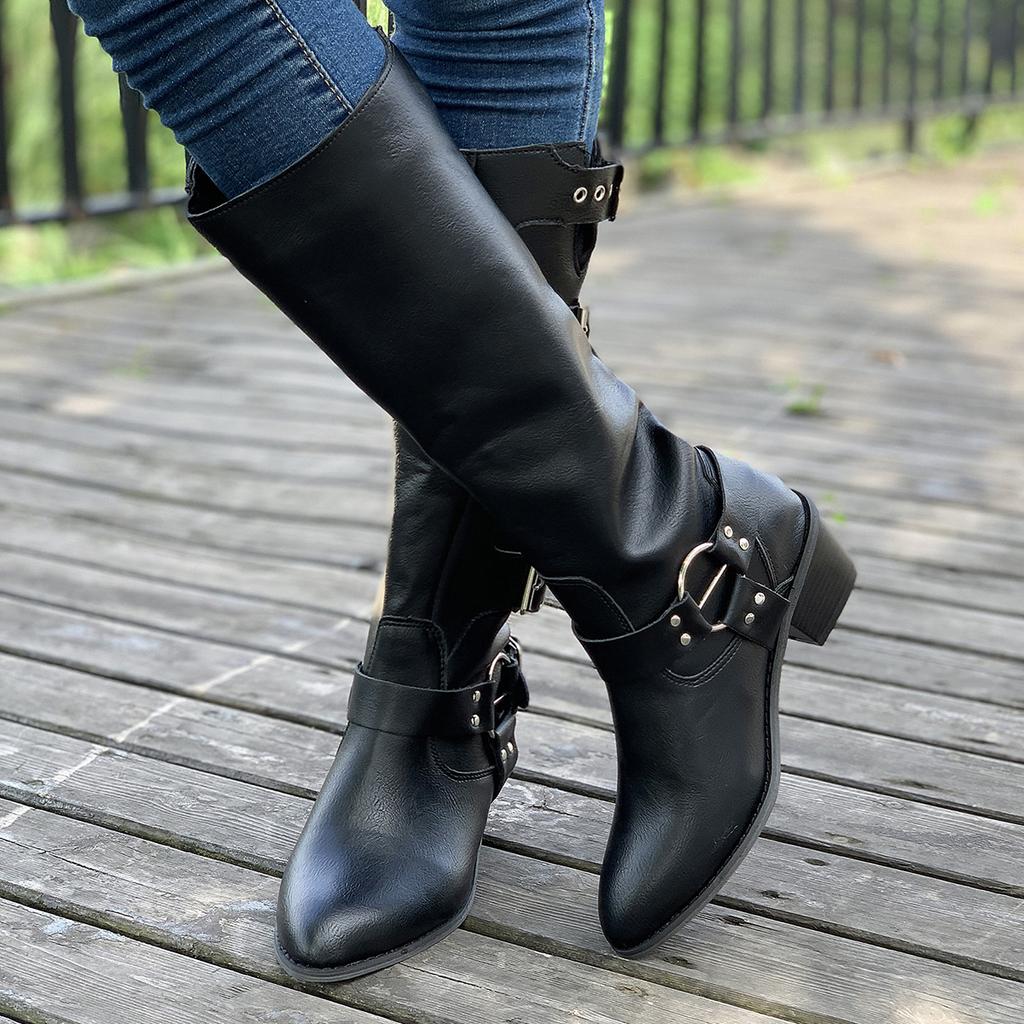 Fashion Fashion Buckle Knee High Boots for Women Winter Square Heels Western Long Boots Woman Black Pu Leather Punk Gothic Booties