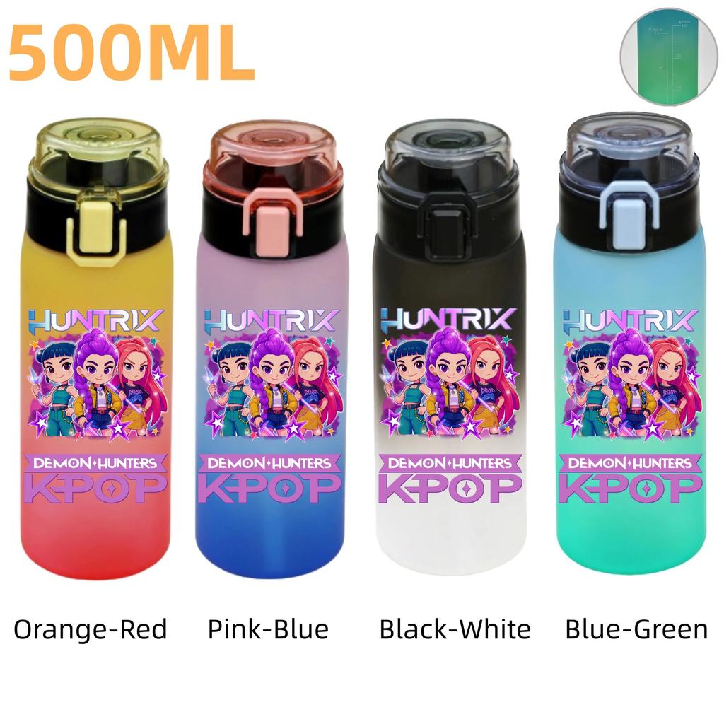 500ML KPop Demon Hunters Plastic Anime Water Cup Has Scale Travel Office Gym Hiking Portable Drink Bottles Outdoor Sport Gifts