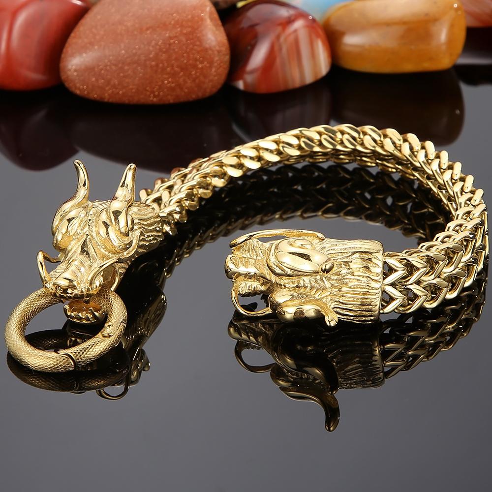 Gothic Double Chinese Long Dragon Heads Design Men's Bracelet 11MM Width Stainless Steel Square Franco Link Chain Male Jewelry