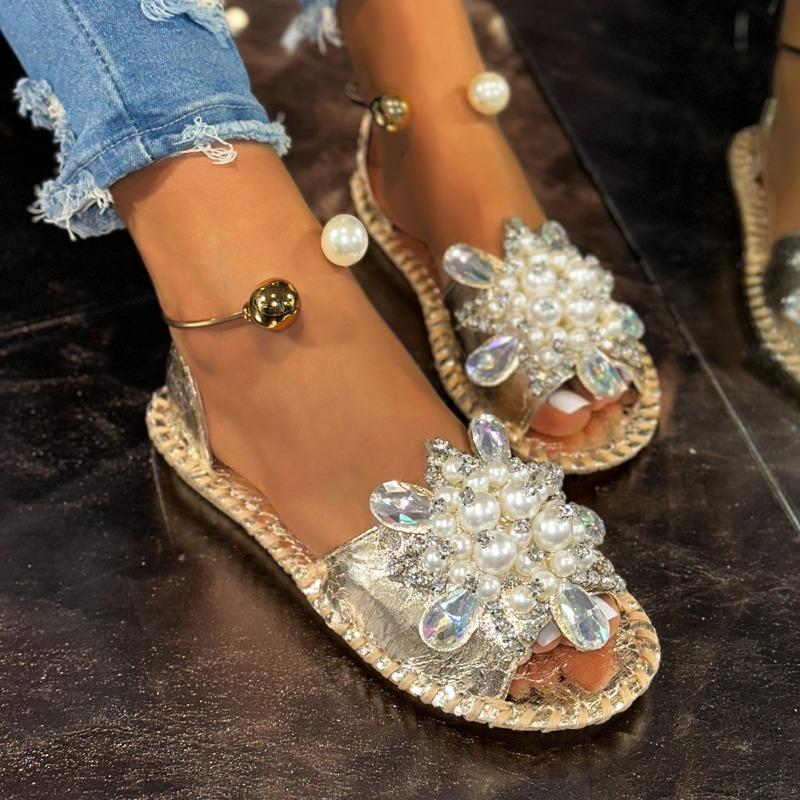 Удобные Элегантные Женские Сандалии | Искусственные и Стразовые Украшения, Дизайн с Круглым Носком, Ремешок на Щиколотке для Пляжного Отдыха и Повседневных Выходов