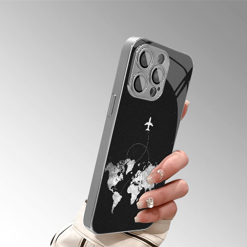 Минималистичный узор маршрутов самолетов Стеклянный гальванизированный чехол для телефона Для iPhone 11 12 13 14 15 16 17 Pro Max 14 Plus 16E 17Air Чехол