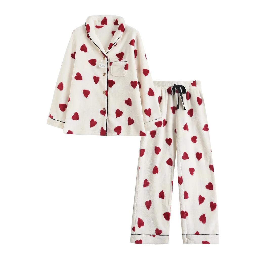 Autumn and Winter Thick Pajamas Women's 2-Piece Set Heart Shape Flannel Soft Homewear Button Long Sleeve Pajamas Pajamas Homewear