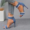 Fashion 2025Spring Summer Sexy Sandals Blue Denim Ankle Strap High Heels Shoes Sexy Female Peep Toe Sandals Shoes for