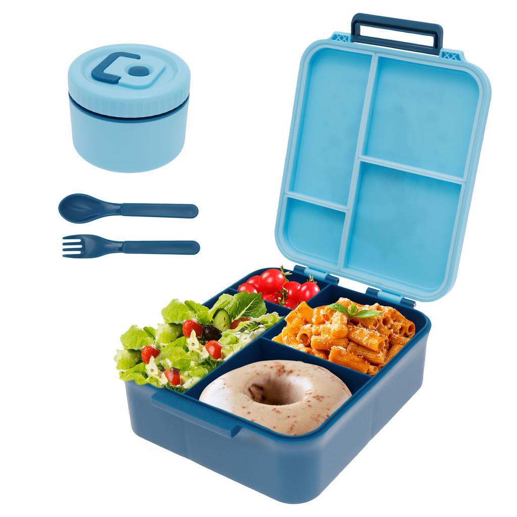 Stainless Steel Four Compartment Lunch Box Outdoor Lunch Box with Soup Bowl Knife and Fork Suitable for Children and Students