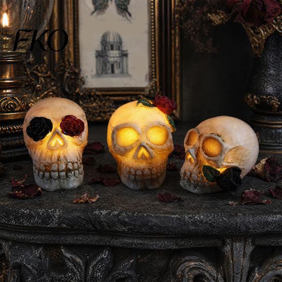 Halloween Ambient Light Gothic Up Skull Rose Flower Figurine, Day of Dead Resin Party Decorations Statue, Spooky Skeleton Head Lamp for Desk
