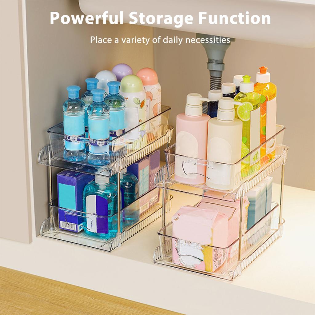 2 Pack Clear Bathroom Organizers 2 Tier Pull Out Multi Purpose Plastic Drawer Storage for Under Sink Kitchen
