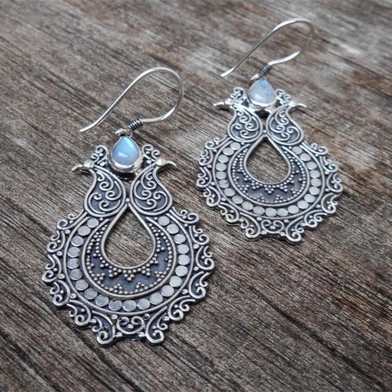 Винтажные серьги-крючки из металла медного цвета с ручной гравировкой узоров для женщин, ювелирные изделия, серьги-подвески с инкрустацией камнями в виде капель воды