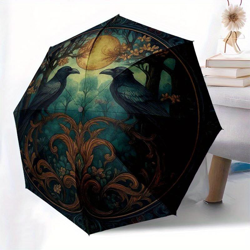 Raven Moonlit Forest Wall Art: Mystical Circular Decor Umbrella, Portable 3-Fold Compact Umbrella for Men & Women R142