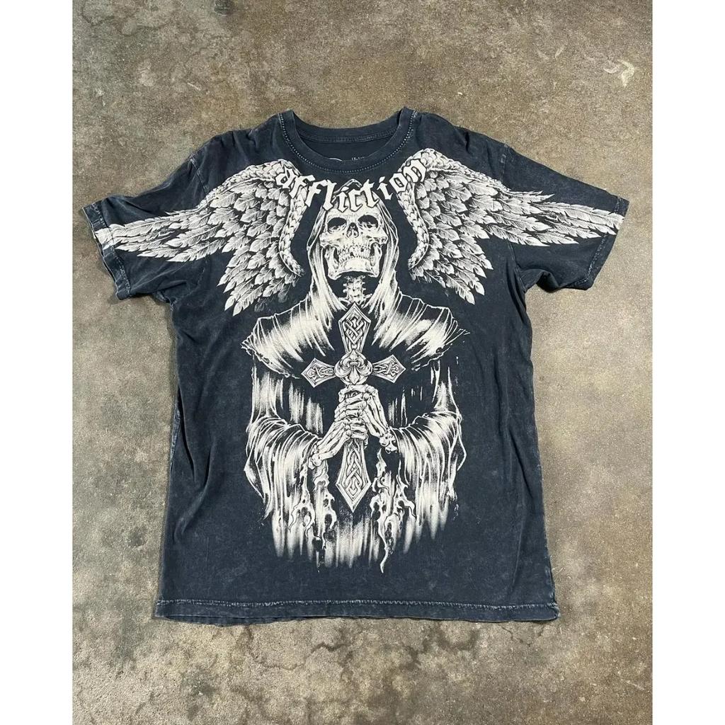 Ретро Панк Хип-Хоп Графический Принт Оверсайз Футболка Мужская Новая Круглый Вырез Короткий Рукав Топы