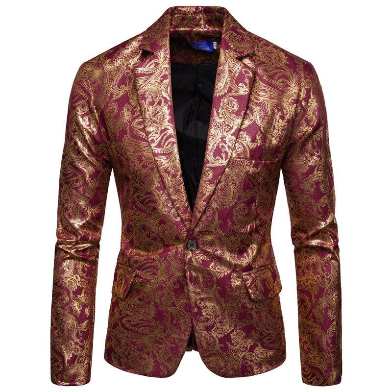 Men Blazer Slim Fit One Button Men Jacket Gold Print Groom Wedding Dress Suit Stage Club Party Casual Formal Blazers