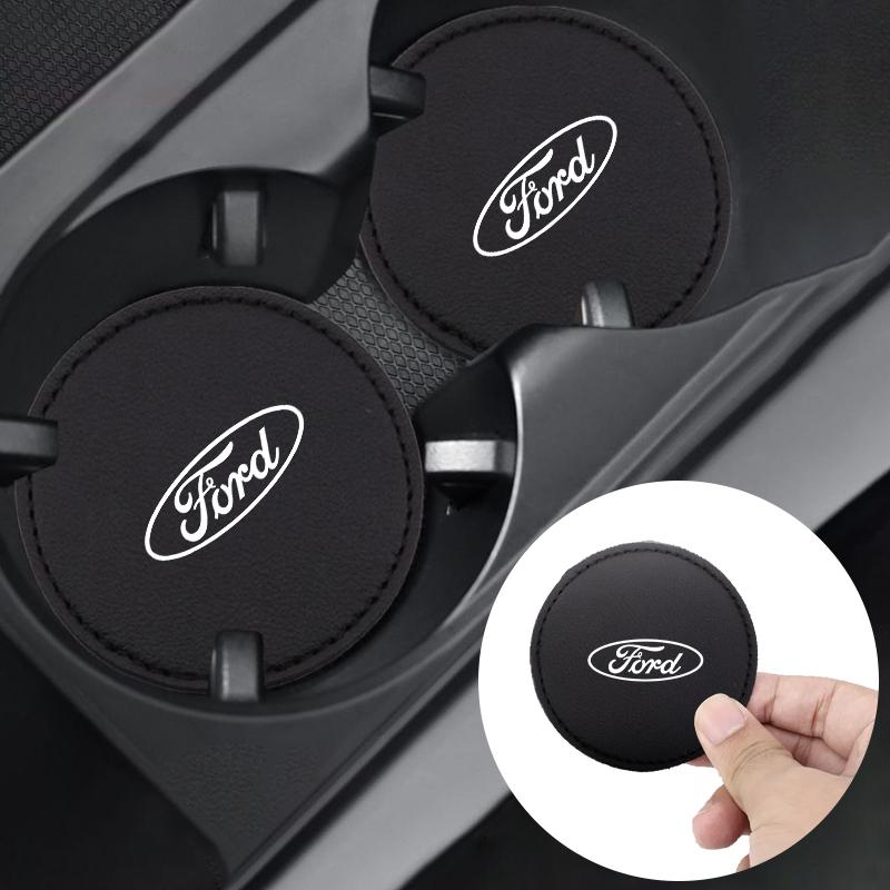 VEDB9 2PCS Car Non Slip Water Cup Pad Leather Coasters Mat For Ford ST Racing RS S Mustang Kuga Fiesta Fusion Mondeo Edge Ranger S-Max