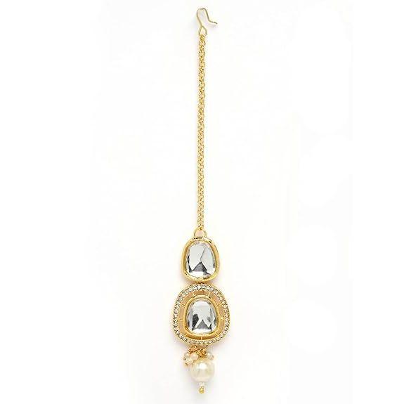 Latest Stylish Traditional Gold-Plated Kundan Studded Handcrafted Necklace Earrings with Maang Tikka Jewellery Set for Women & Girls