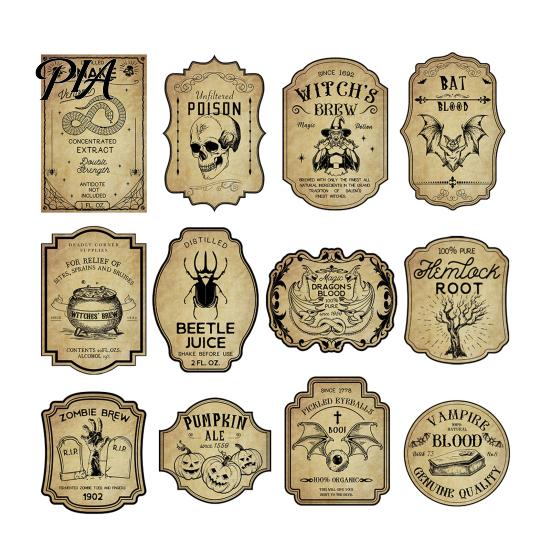 Nostalgic Paper Bottle Wraps 12Pcs Halloween Wine Labels, Vintage Retro Stickers with Witch Skull Skeleton Bat Party Supplies Pumpkin Design,