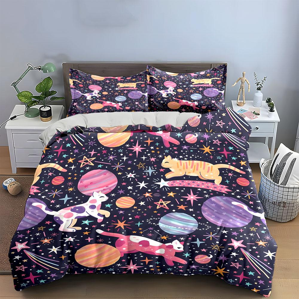 "Space Cats Themed Three-Piece Set" kid's and adults' bedroom decor, Exquisite three-piece bedding set gift