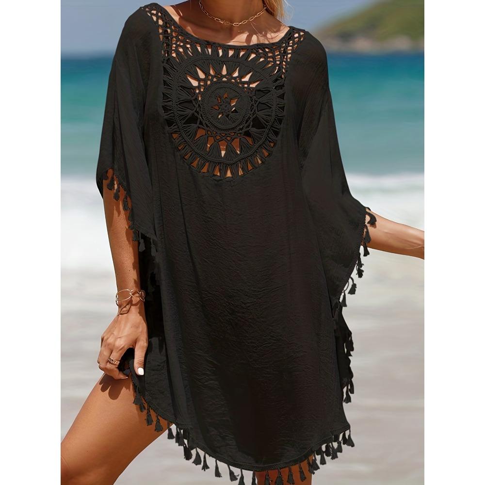 Вязаная крючком накидка в стиле бохо, женская накидка с круглым вырезом и кисточками, свободная посадка, женские купальники